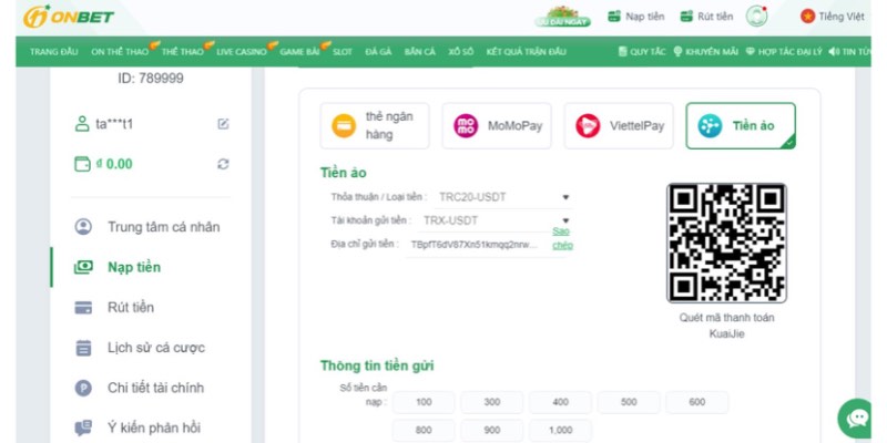 Nạp tiền trên Onbet bằng nhiều hình thức